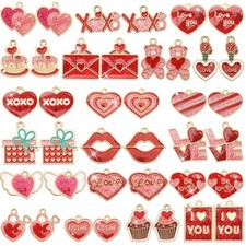 40PCS Charms for Jewelry Making, Pink Red Glitter Valentine's Valentines Day