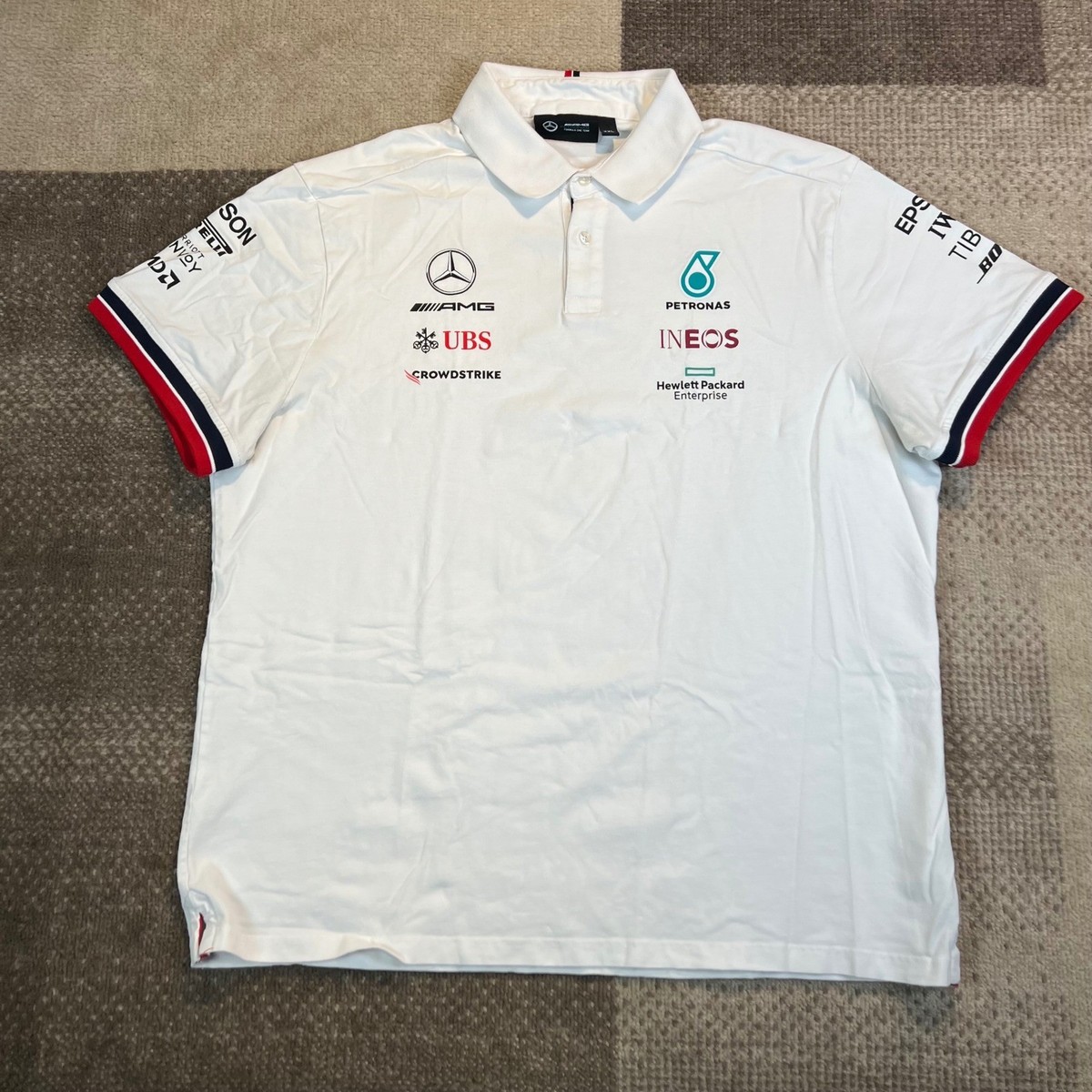 ◈ × AMG MERCEDES POLO SHIRT L Mercedes AMG Petronas F1 Team Tommy Hilfiger White Polo Shirt Mens