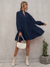 Shein Dress Prive Notch Neck Smocked Ruffled Flare Women's Size L Boho Prarie 