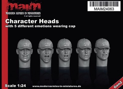 Character Heads set with 5 different emotions wearing Cap (5 Heads) / 1:24