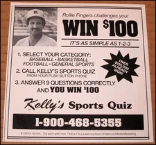 1990 Rollie Fingers Kelly's Sports Quiz Print Ad Advertisement Clipping HOF A's