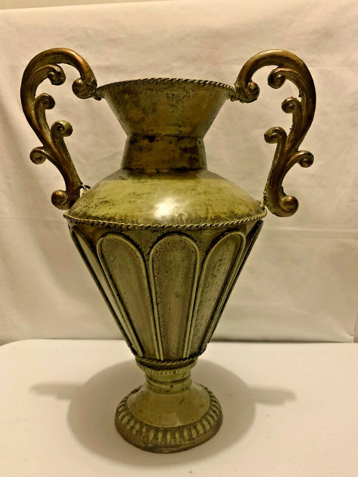 Tin depressed Green/ Brown Decorative Trumpet Mouth Vase with Handles