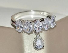 Oval Cut DEF Moissanite Solitaire Eternity Band Women's Ring 14K White Gold Over