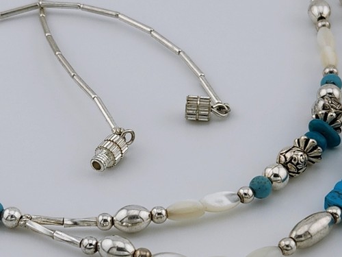 Vintage Southwestern Two Row Beaded Turquoise, Shell, Liquid Silver Necklace 18" - Picture 7 of 10