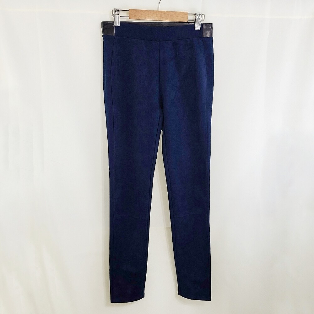 WHBM navy blue Faux Suede Leggings black leather trim women's size