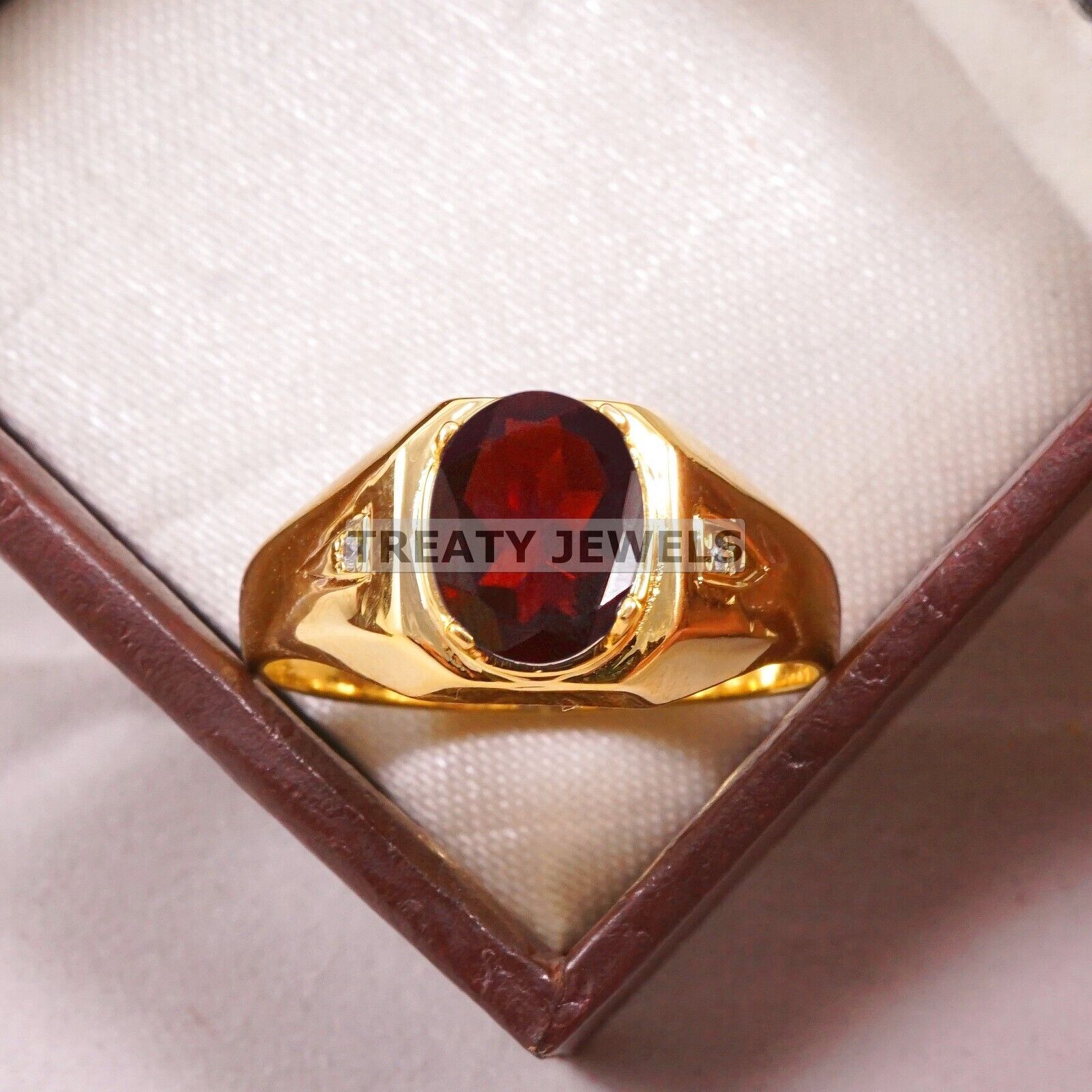 Garnet Oval Cut With 925 Sterling Silver Gold Plated Ring For Men's #B98 *