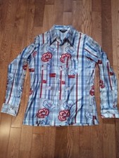 Vintage 1970s JC Penney Blue Disco Flower/Plaid Long Sleeve Shirt Med-33