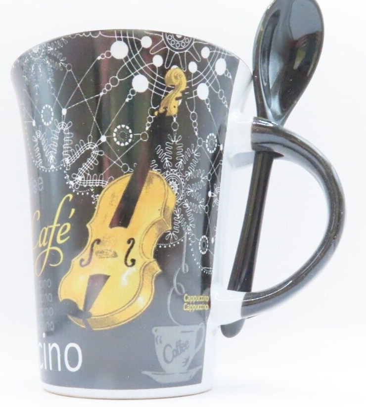 Cappuccino Mug with Spoon Ceramic with Violin Detail 11 CM Gift Home Decor