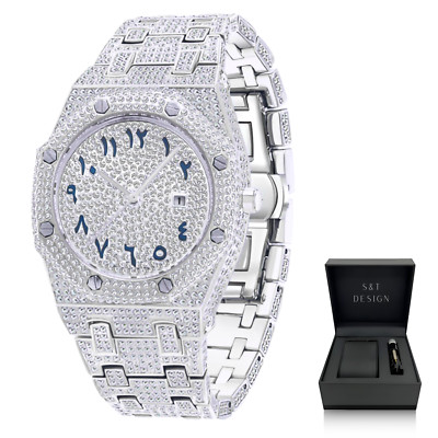 Iced out Herren Uhr Armbanduhr Herrenuhr Achteckig Arabische Ziffern Luxus Datum