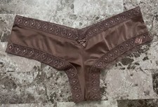 NWT VICTORIA'S SECRET M TAUPE SATIN SMOOTH LACE STRAPPY BACK RARE CHEEKY PANTIES