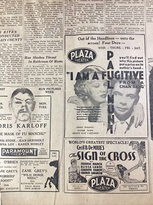 Ashville NC Newspaper Feb 19, 1933 Movie Theatres Karloff Lombard DeMille Muni