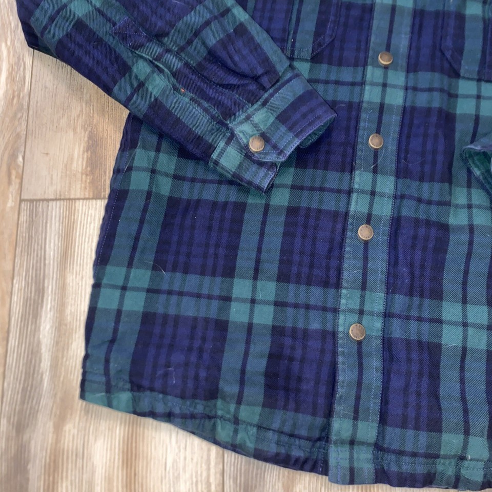 LL Bean Hooded Jacket Mens Size S Green Flannel Quilted Primaloft Lined