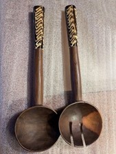 Unused Carved Wooden Spoon and Fork Salad Server Set Painted Bone Handles 12"