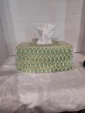 Handmade Green & White Beaded Tissue Box Cover 9.5"x4.5"x 5.5" Standard box size