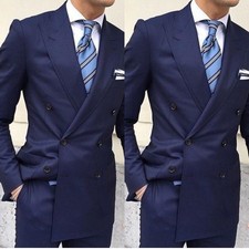 Navy Blue Men's Suit Double Breasted Peak Lapel Business Offical Tuxedo Jacket