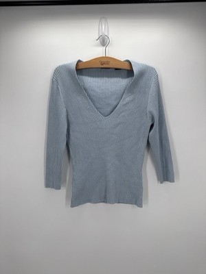 Y2K Moda International Silk Blend Ribbed V Neck Sweater Top Blue Large