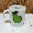 VTG Anchor Hocking Fire King Milk Glass Mug White Green Black Pear Graphic