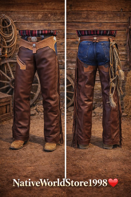 Western braune Leder Chaps mit Fransen & verziertem hellbraunem Besatz - Cowboy Reitausrüstung