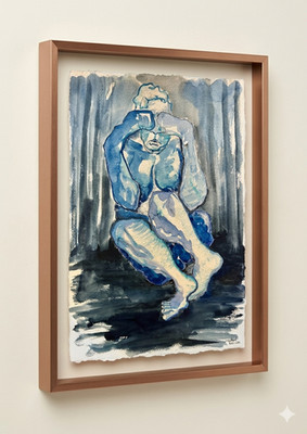 Original Figurative Art - Indigo & Azure Watercolor Wash - Signed A3 Work