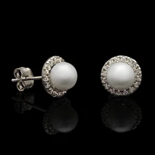0.30Ct CZ 5mm Cultured Pearl Stud Earrings 14K White Gold