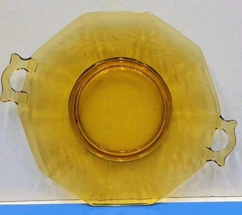 Vintage Hexagon Amber Depression Glass Sandwich/Dessert Serving Plate Handle 10"