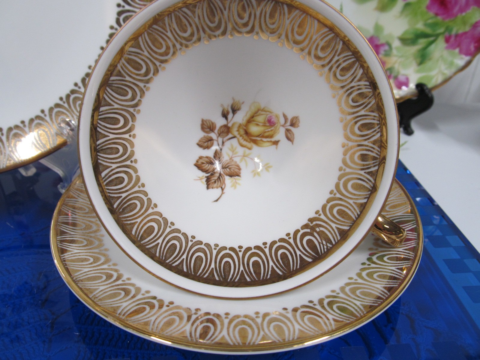 Bavaria Germany tea cup and saucer trio yellow rose & gold  teacup German 1950s