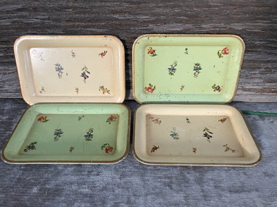 Set Of 4 Antique Metal Trays Small Floral Green And Cream Approx 6 x4 
