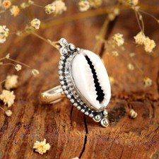 Cowrie Shell Solid 925 Sterling Silver Statement Handmade Ring, All Size M1330