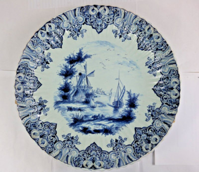 Großer antiker holländischer Delfter Delfter blau-weißer Schrankteller 18. Jh. 36 cm