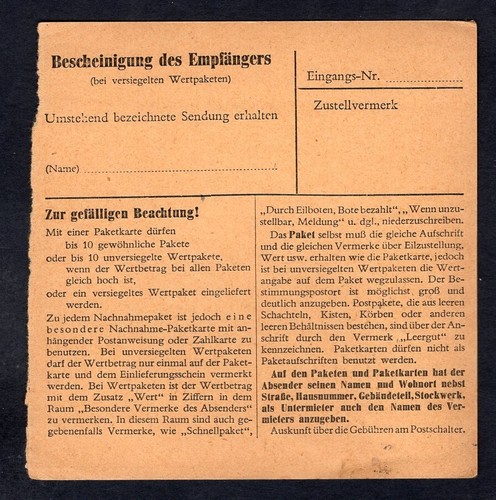 GERMANY Celle 1953 Parcel Receipt Card. Zettel. Numerals Stamps - Picture 2 of 2