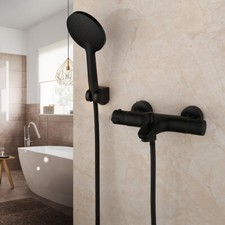 Thermostatic Bathtub Filler Wall Mount Black Handheld Spray Shower Faucet Tap