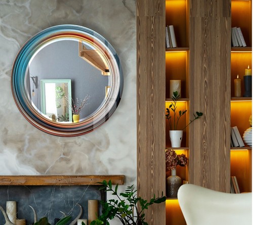 Blue & Orange Abstract Round Wall Mirror - Picture 5 of 10