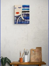 Original Abstract Contemporary Minimal Textured Painting Women Blue White Red
