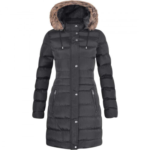 Womens Long Fur Trimmed Hooded Padded Puffer Parka Ladies Winter Jacket Coat - Picture 4 of 13