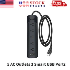 NEW 5 Outlets Power Strip Surge Protector with 3 Smart USB Ports 6.6 ft 300J USA