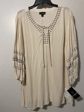 I. N. Studio Women’s Top Cream Ivory Embroidered Sequence Shirt Tunic NWT