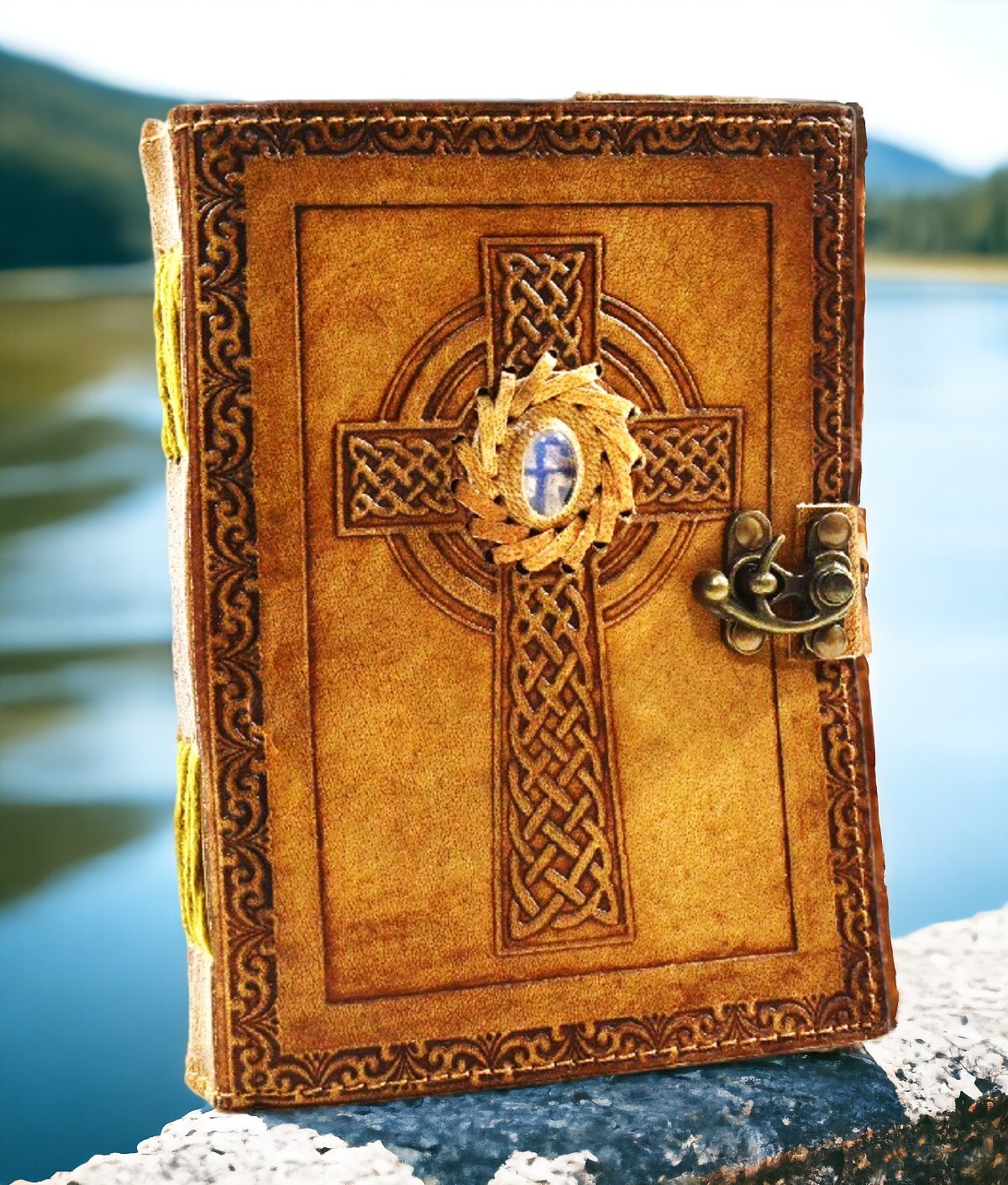 Celtic Cross Antique Lock Vintage Leather Handmade Sketch Diary Journal-image