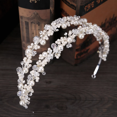 Double Row Crystal & Pearls Headband Elegant Bridal Beaded  display picture 3