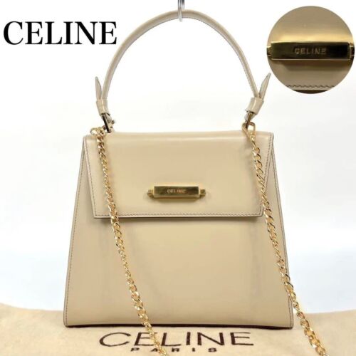 Authentic Rare CELINE Shoulder bag 2way logo metal fittings leather white beige - Afbeelding 1 van 11