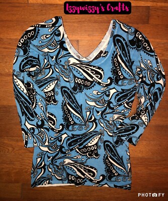 LINK Blue Black flourish Paisley 3/4 sleeve Sweater blouse Sz M Stretch Soft
