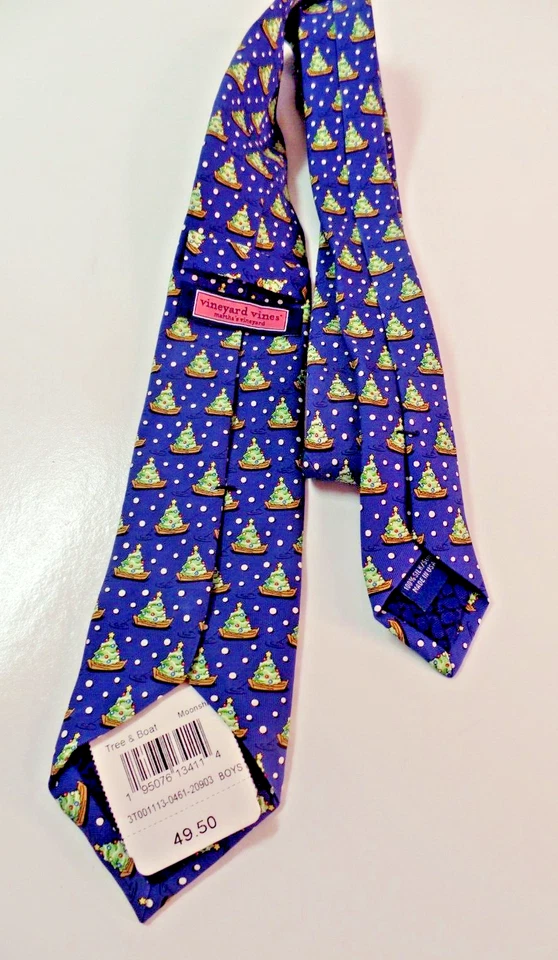 Vineyard Vines 圣诞男孩领带 100% 真丝船和树 美国 — 第 2/4 张图片
