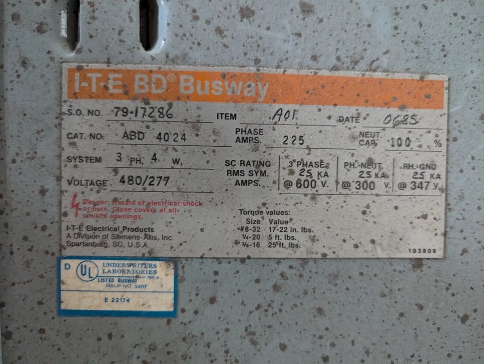 I-T-E ABD4024 BD Busway, 225A, 480/277V, 3 phase, 4 wire, 10 ft, Aluminum - Image 2 of 4
