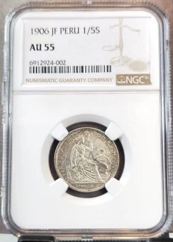 1906 PERU SILVER 1/5 SOL SEATED LIBERTY NGC AU 55 SCARCE BEAUTIFUL COIN