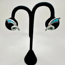 Los Castillo Swirl Earrings Screw Backs Taxco Sterling Silver Turquoise Inlay