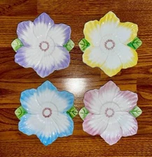 (4) 1992 BOMBAY CO SPRING BLOSSOMS~5" PASTEL SAUCERS~SPRING~EASTER~EXC