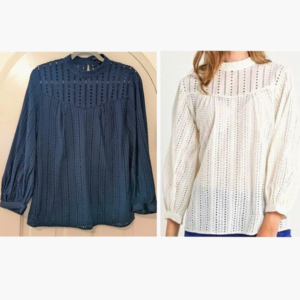 Blusa Campesina Banana Republic AZUL MARINO Ojales Encaje Boho Manga Larga Algodón, Talla S