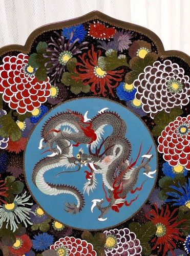 Meiji Japanese Cloisonne Goldstone Enamel Dragon Chrysanthemums Scalloped Plate - Picture 2 of 21