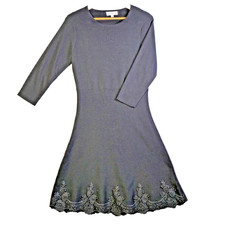 Nanette Lepore Women Dress M Black Fit Flare Scallop Lace Hem Trim Knit Classic