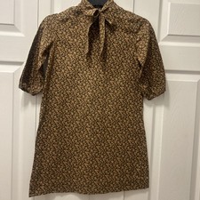 Vintage 1960/70 s Girl s Ditsy Floral Brown Calico Tie Neck Dress Size -8/10