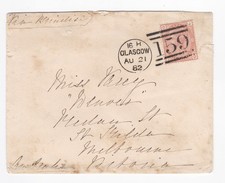 1882 QV FINE 1/- ORANGE STAMP PLATE14 ON GLASGOW COVER TO MELBOURNE AUSTRALIA